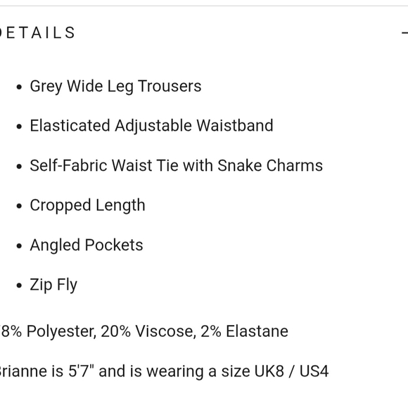 NWOT Disturbia Octavia Charcoal Wide-Leg Snake Charm Pants Sz4 US26inch waist - Picture 6 of 8